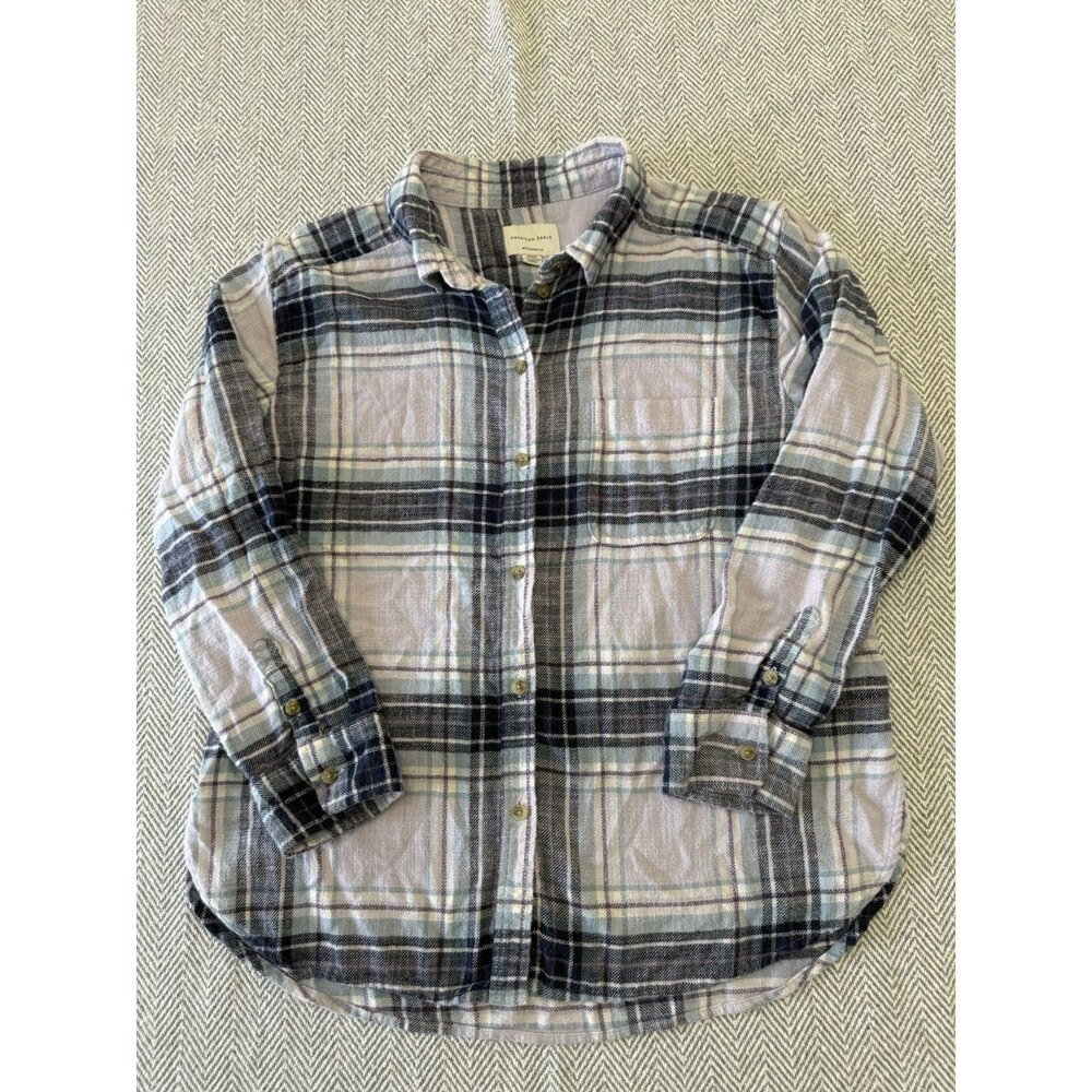 American Eagle 100% Cotton Flannel Button Up Shirt Boyfriend Fit Sz Medium